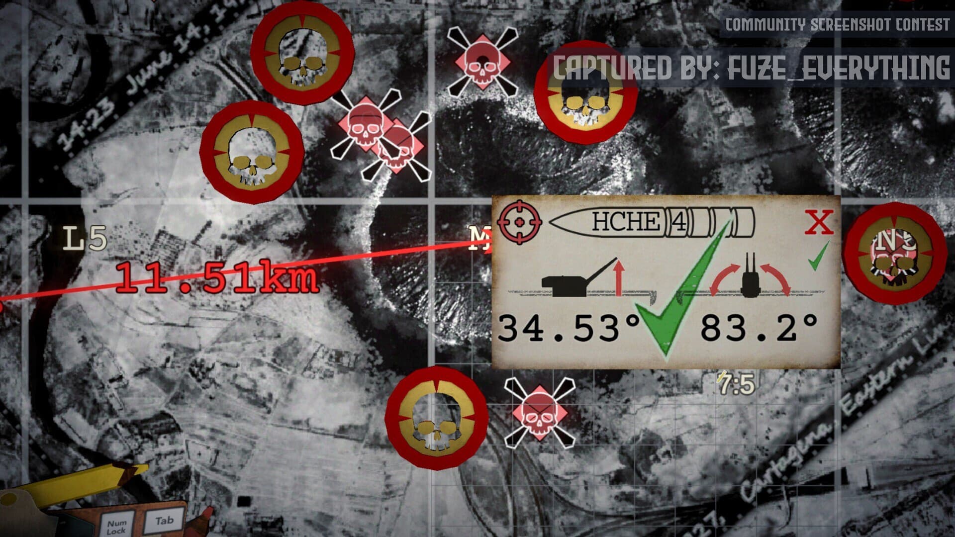 IRON NEST tactical map with a firing card showing shell, elevation, and bearing