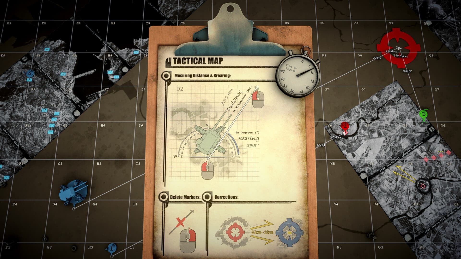 IRON NEST tactical map with grid, clipboard, markers, and measurement instructions