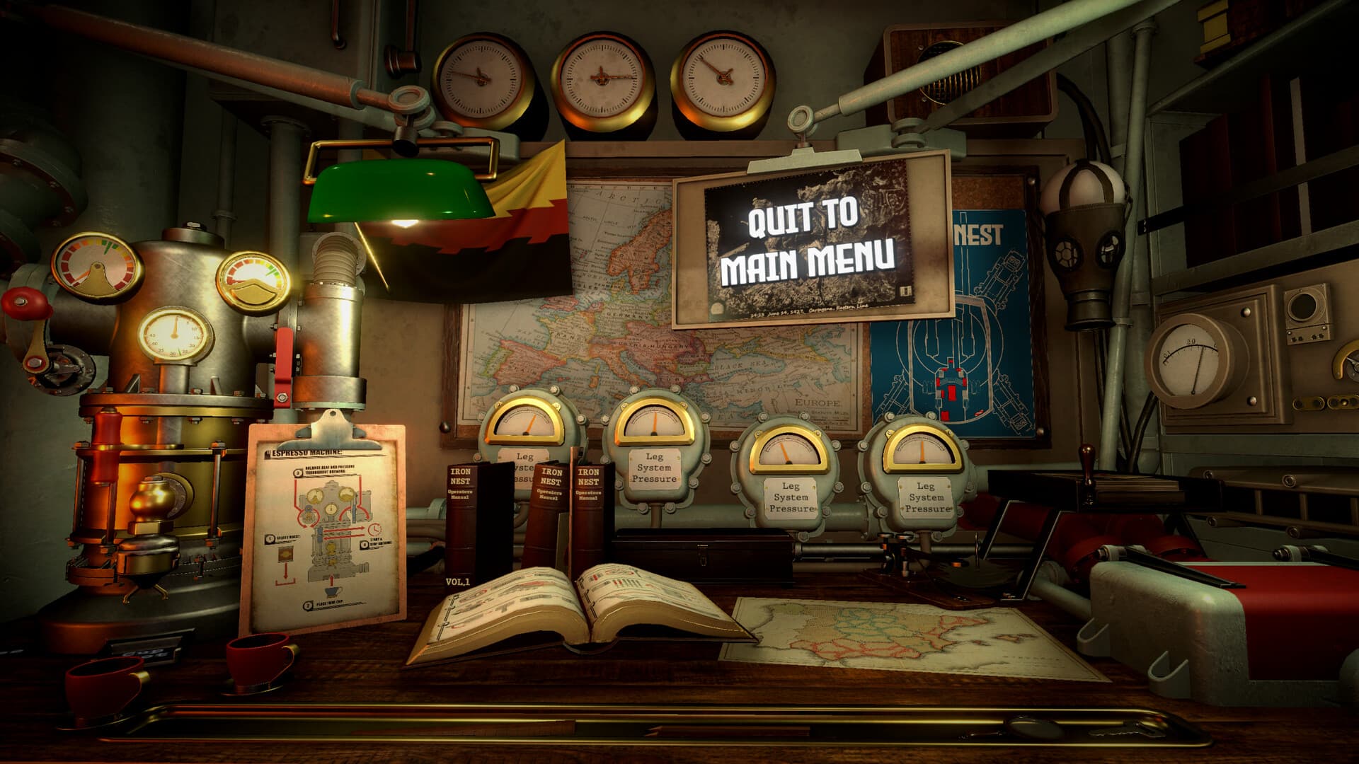 IRON NEST command desk with teleprinters, map, and pressure gauges