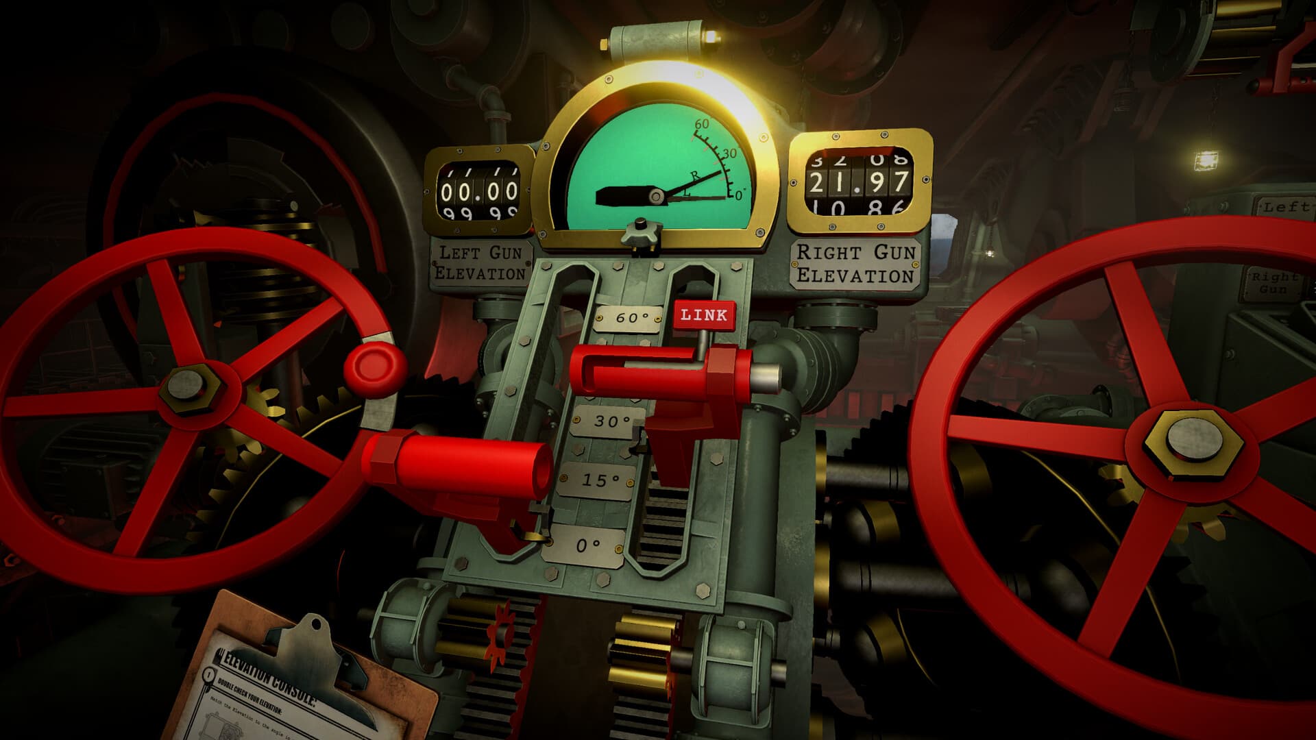 Close view of the IRON NEST left and right gun elevation controls