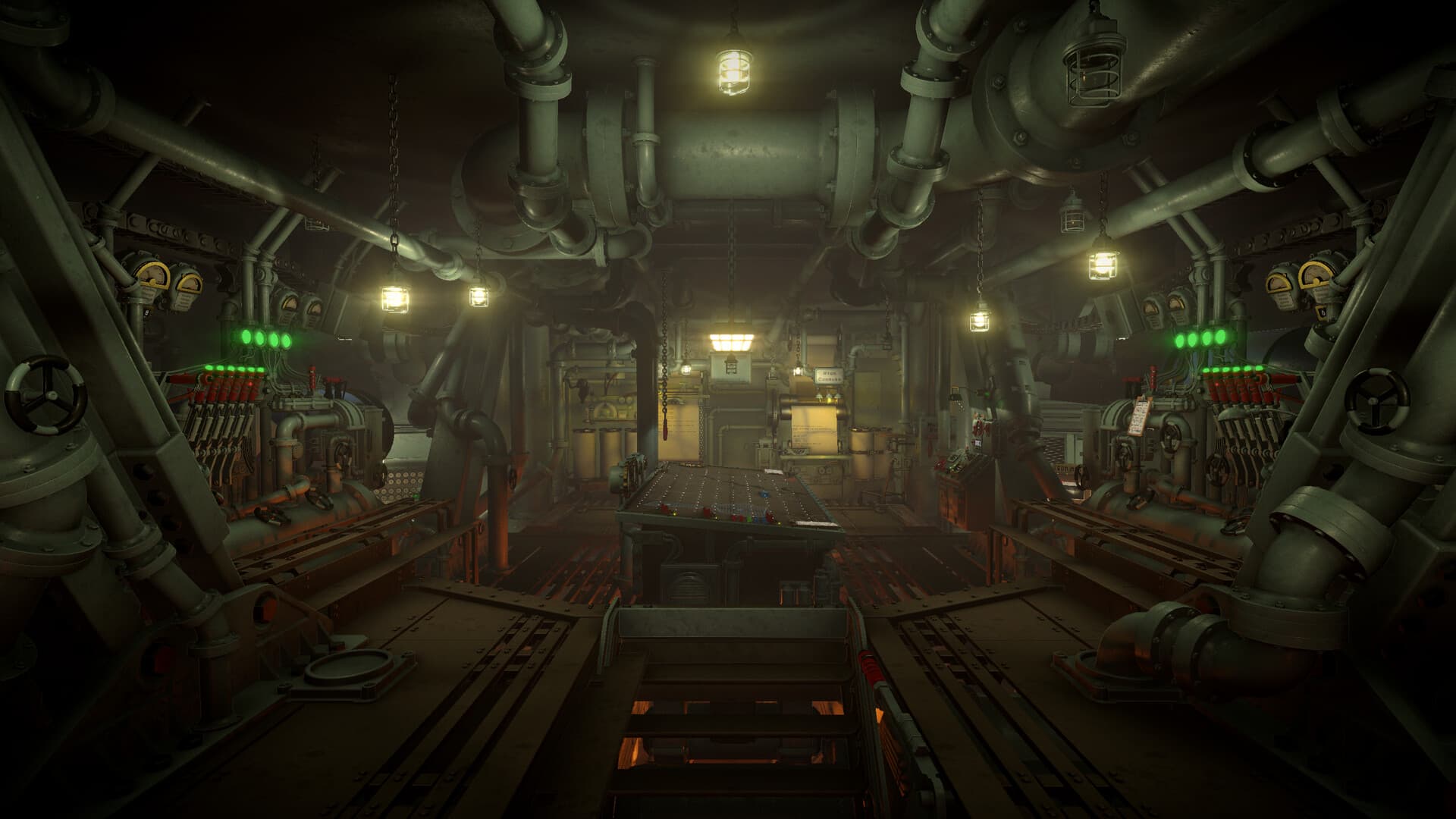 Wide interior view of the IRON NEST machinery and central tactical table